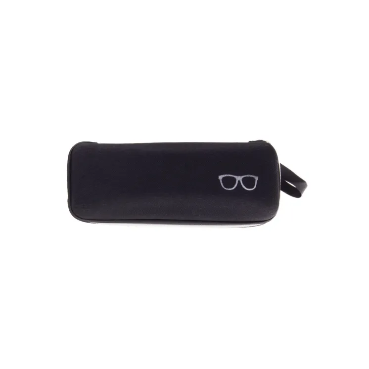Black textile-woven glasses case with zipper and inner padding