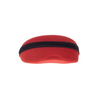 Red glasses case with hard cover and zipper.