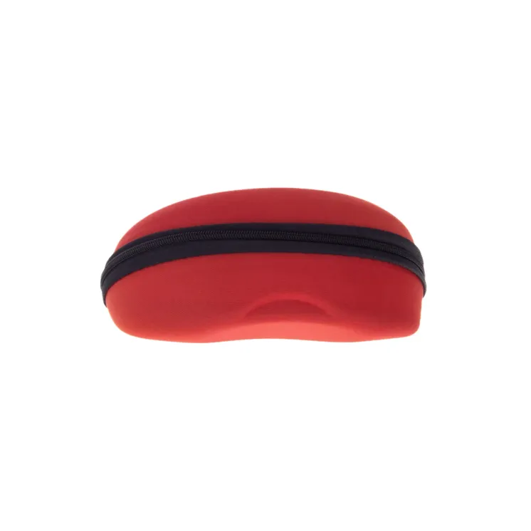 Red glasses case with hard cover and zipper.