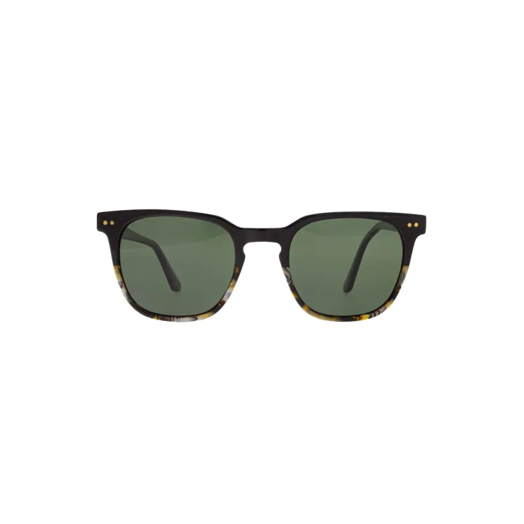 IVISION sunglasses with a black upper frame, green lenses, and patterned lower section – polarized and UV-protective.