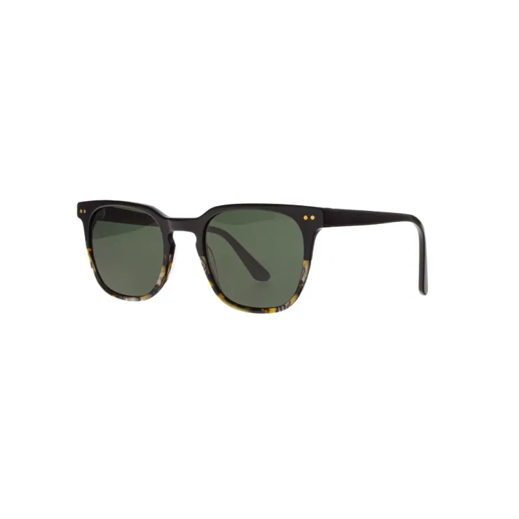 IVISION sunglasses with a black upper frame, green lenses, and patterned lower section – polarized and UV-protective.